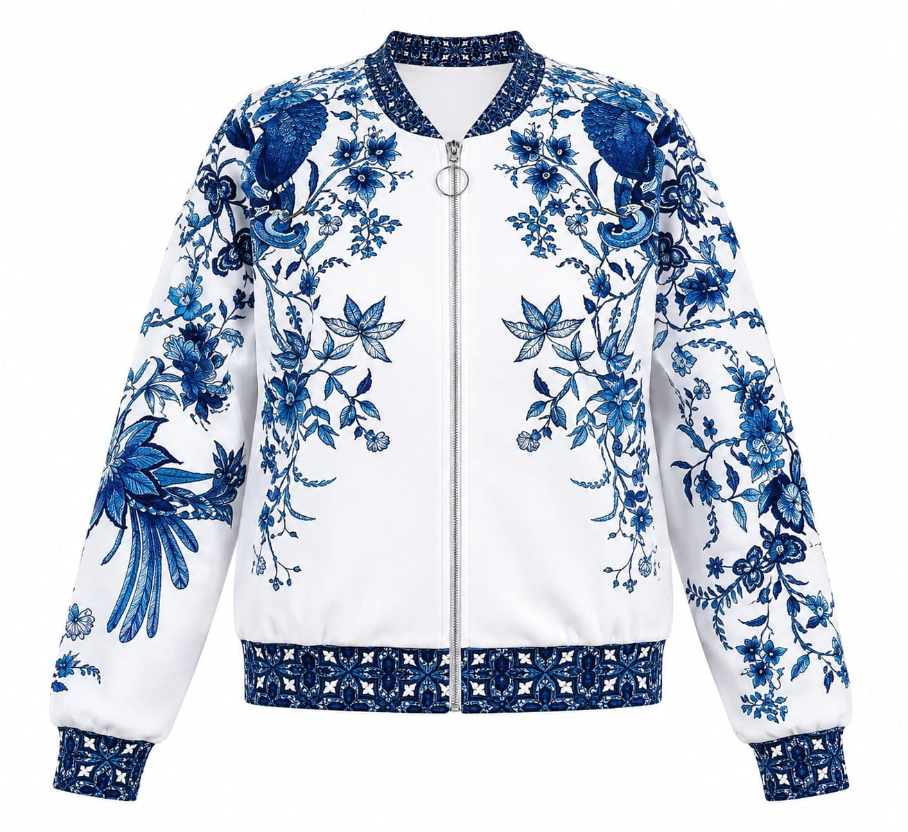 Floral Bomber Jacket, White & Blue - Haram Textile Ladies Collection